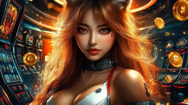 Anime fox girl character surrounded by neon slot machines and golden coins