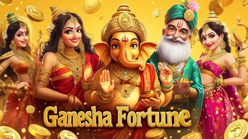 Promotional banner for Ganesha Fortune featuring Indian deities and gold coins