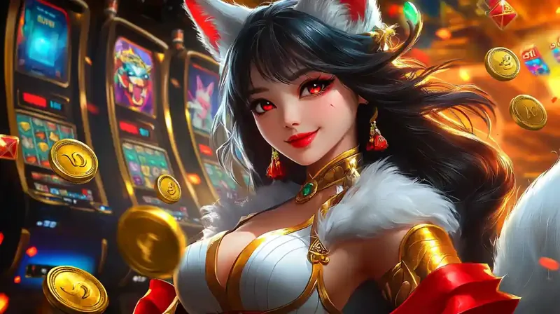 White furred fox girl character smiling against a background of slot games